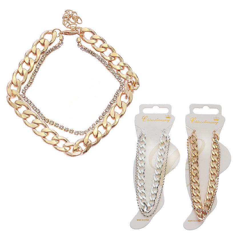 Chunky Chain & Rhinestone Double Layer Anklet 0133GS (12 units)
