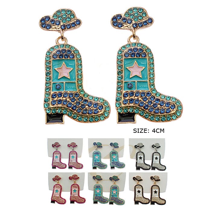 Crystal Cowboy Boot Statement Earrings 3380R (12 units)
