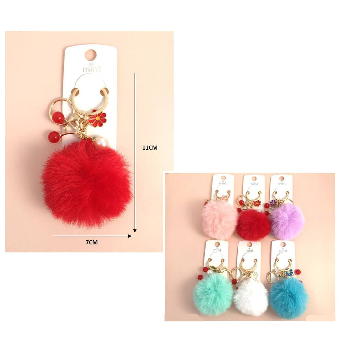 Faux Fur Pom Pom Keychain with Cherry & Flower Charm 1400 (12 units)