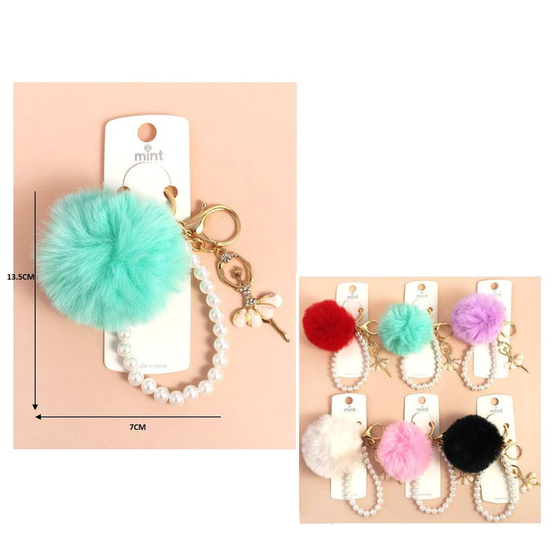 Faux Fur Pom Pom Keychain with Pearl Wristlet & Ballet Charm 1401 (12 units)