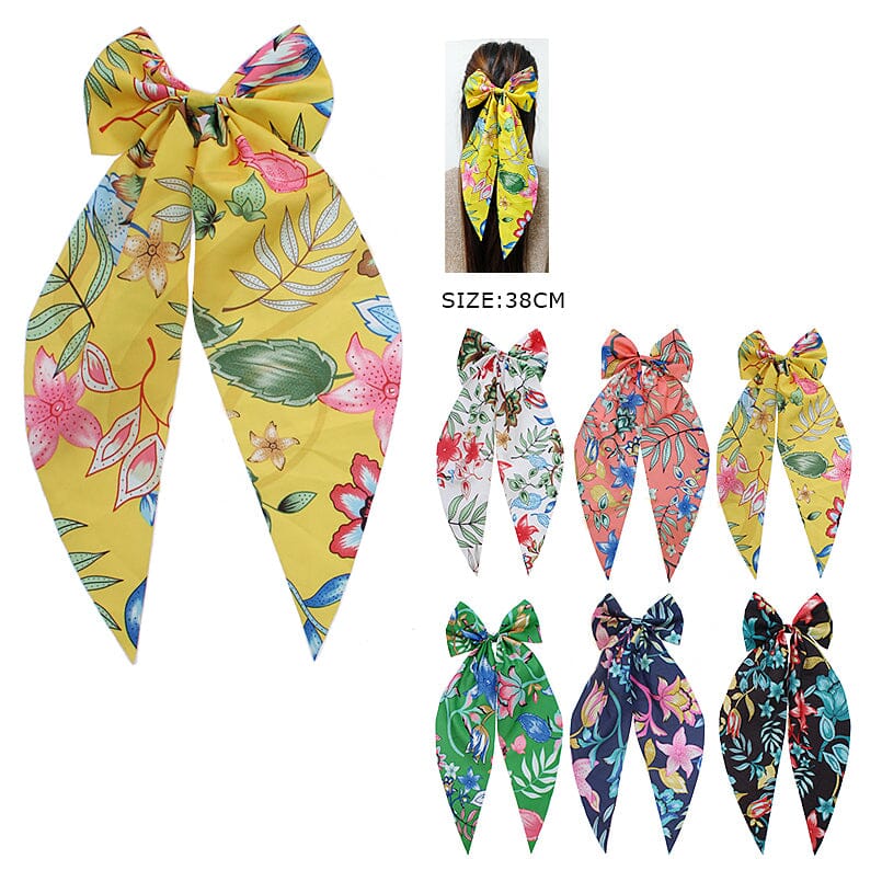 Floral Print Bow Hair Tie With Scarf-Style Tail 1306R (12 units)
