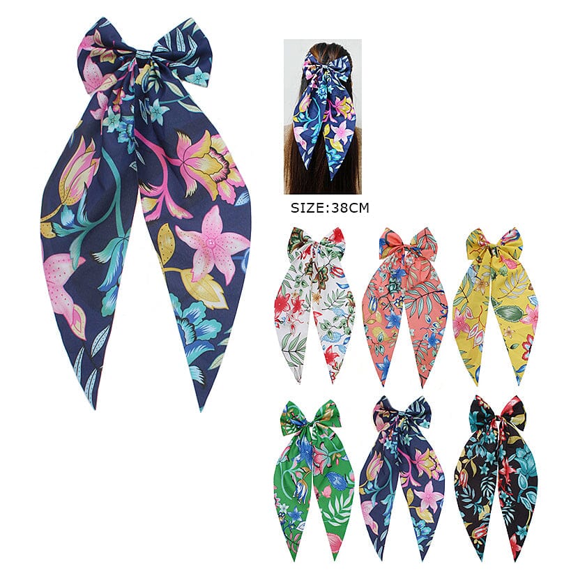 Floral Print Bow Hair Tie With Scarf-Style Tail 1316R (12 units)