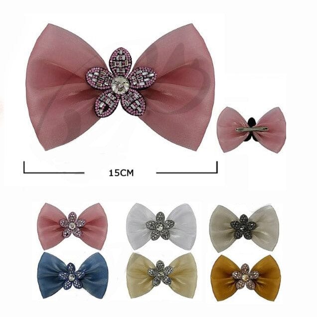 Floral Rhinestone Organza Bow Hair Clip 29579M (12 units)