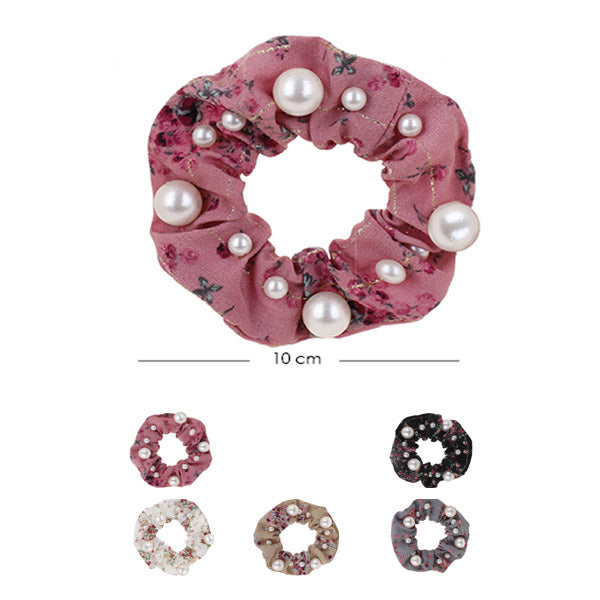 Flower Printed  Hair Tie With Pearl 3208 ( 12 units)
