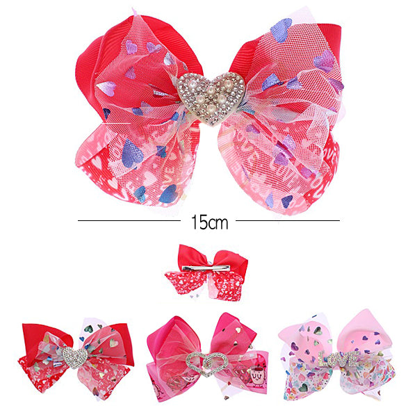 Layered Hair Bow With Heart Center Decoration 0558R3 ( 12 units)