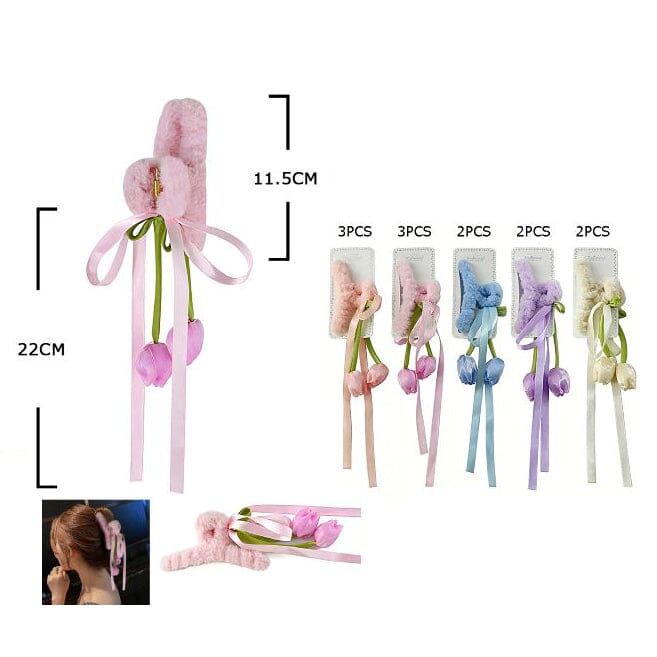 Plush Bunny Hair Claw Clip with Tulip Charms 11507M  (12 units)