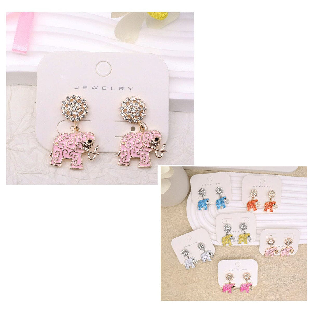 Rhinestone Elephant Drop Earrings – Colorful Enamel Animal Dangle Earrings 1965 (12 units)